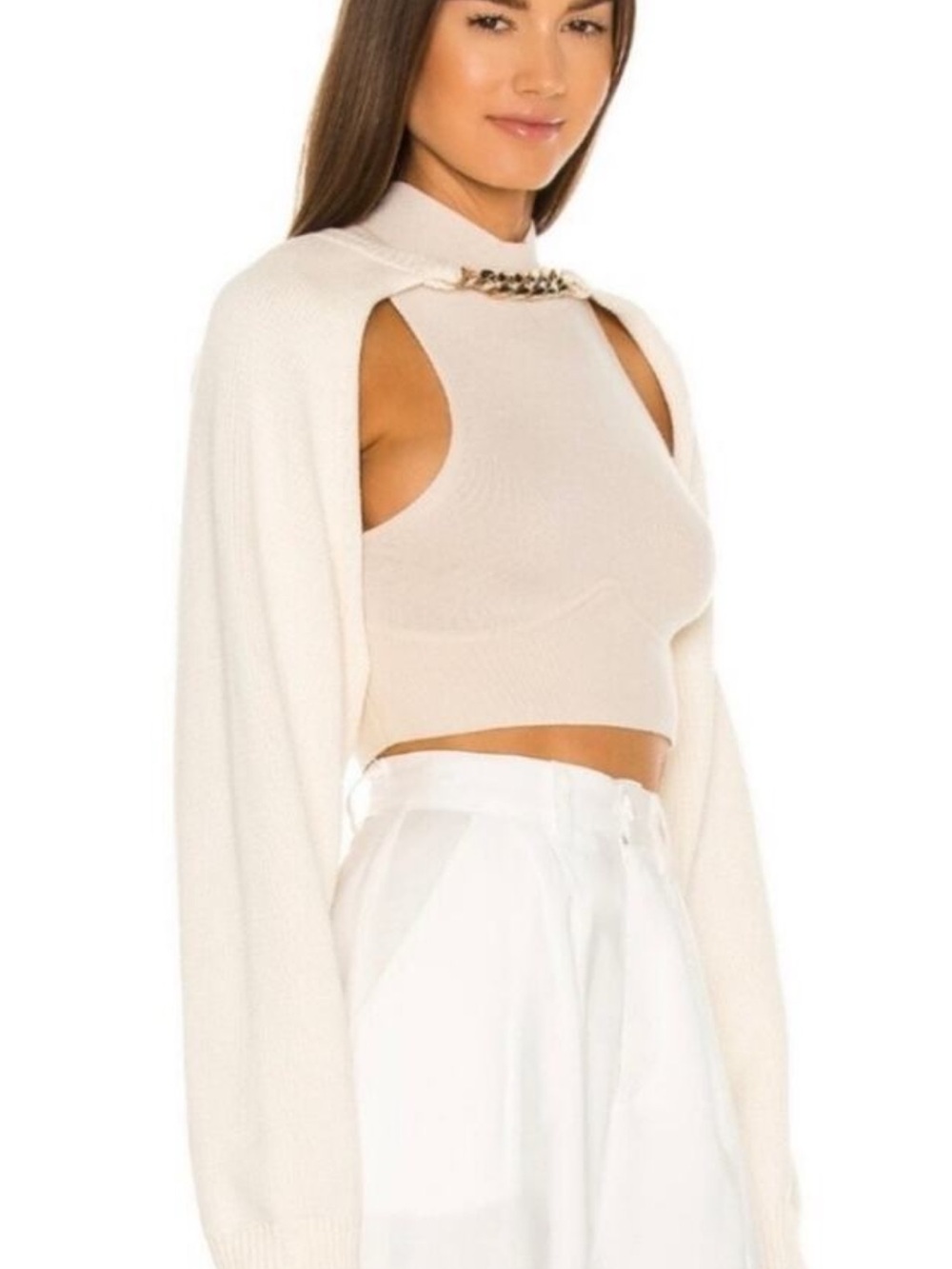 Bubish Luxe Cropped Cape-Sleeve Sweater with Chain Detail